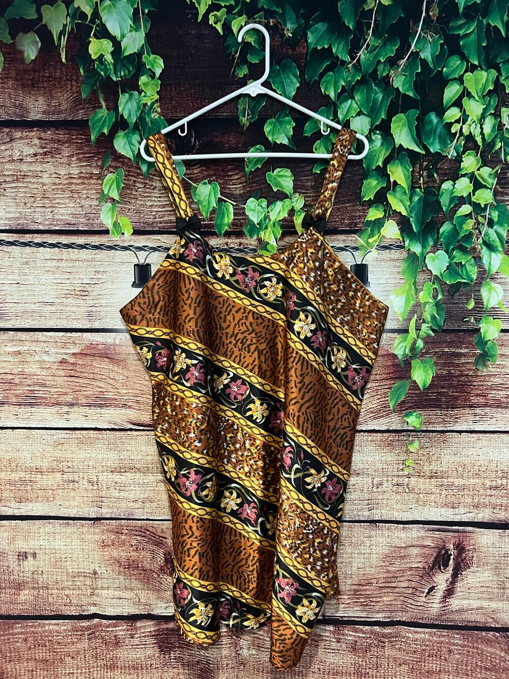 Vintage Vanity Fair Floral Cheetah Bow Boho Satin Lingerie Nightgown Dress XL